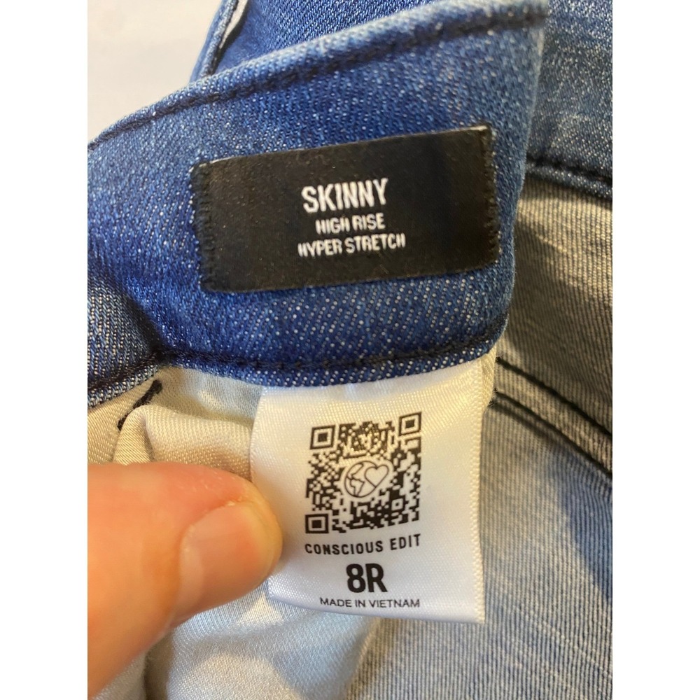 Express Skinny High Rise Hyper Stretch Distressed Jeans Blue Raw Hem Size 8R - Picture 4 of 7